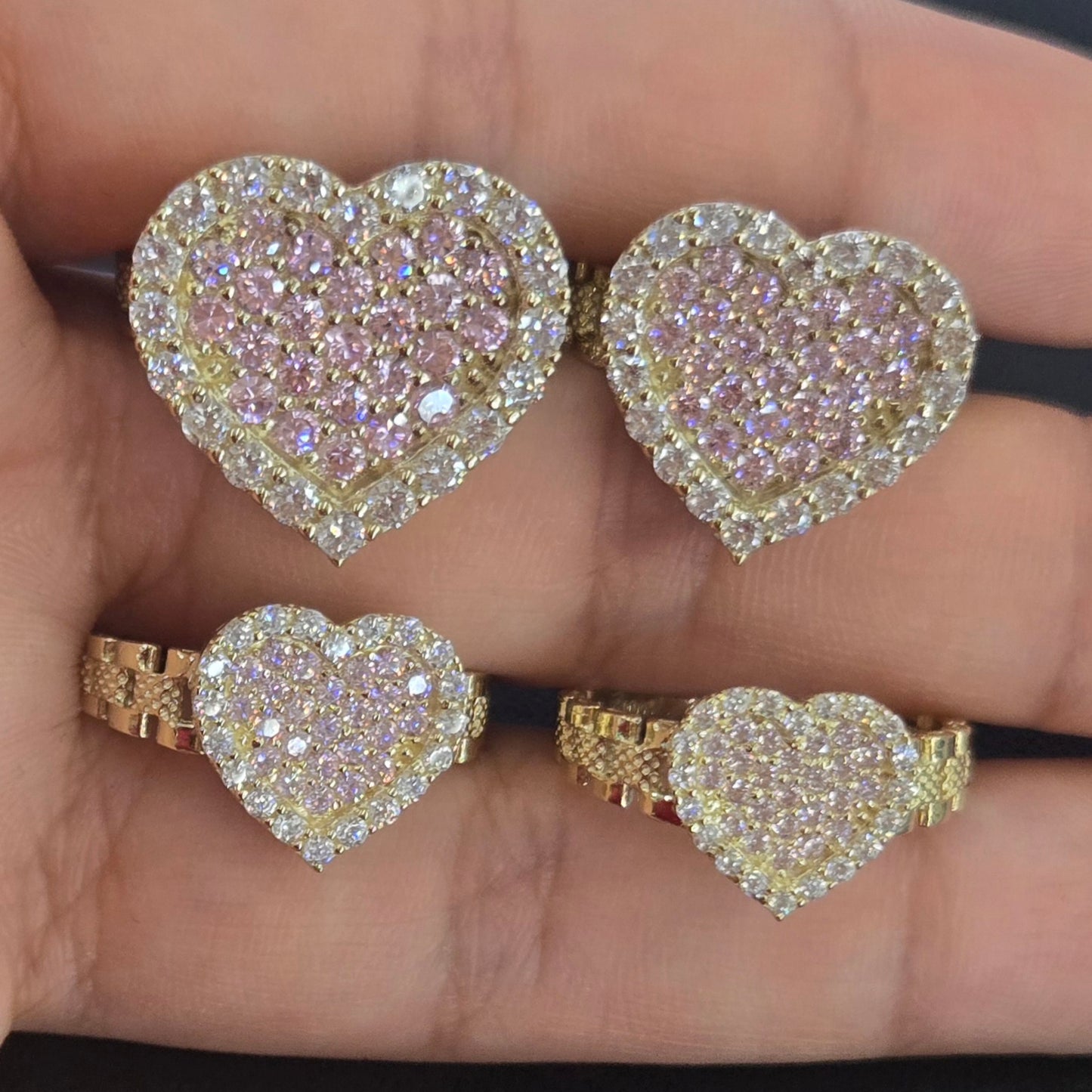 10k Gold Pink Stone CZ Heart Ring, Gold Heart Band, Presidential Link Ring, Promise Heart Ring