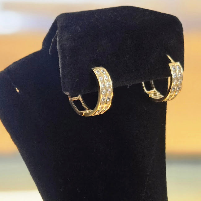 14k Gold Double CZ Stone Hoops, Fancy Hoop Earrings, Small Hoop Earrings, Women's Continuous Hoop Earring, Simple Hoops for Kids and Teenagers