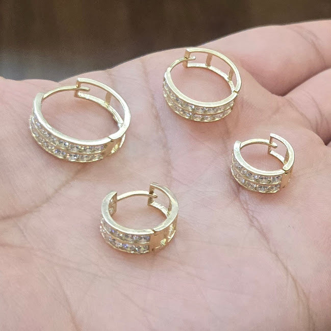 14k Gold Double CZ Stone Hoops, Fancy Hoop Earrings, Small Hoop Earrings, Women's Continuous Hoop Earring, Simple Hoops for Kids and Teenagers