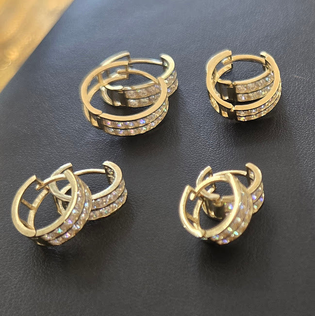 14k Gold Double CZ Stone Hoops, Fancy Hoop Earrings, Small Hoop Earrings, Women's Continuous Hoop Earring, Simple Hoops for Kids and Teenagers