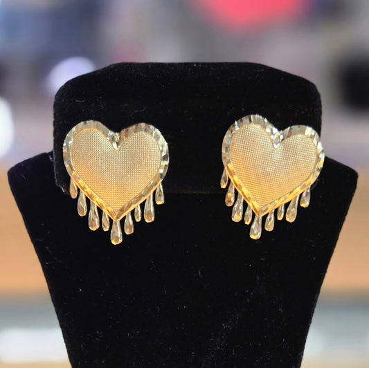 10k Gold Diamond Cut Dripping Heart Earrings, Heart Earrings, Shiny Heart Earrings, Pushback Earrings, Gold Love Earrings