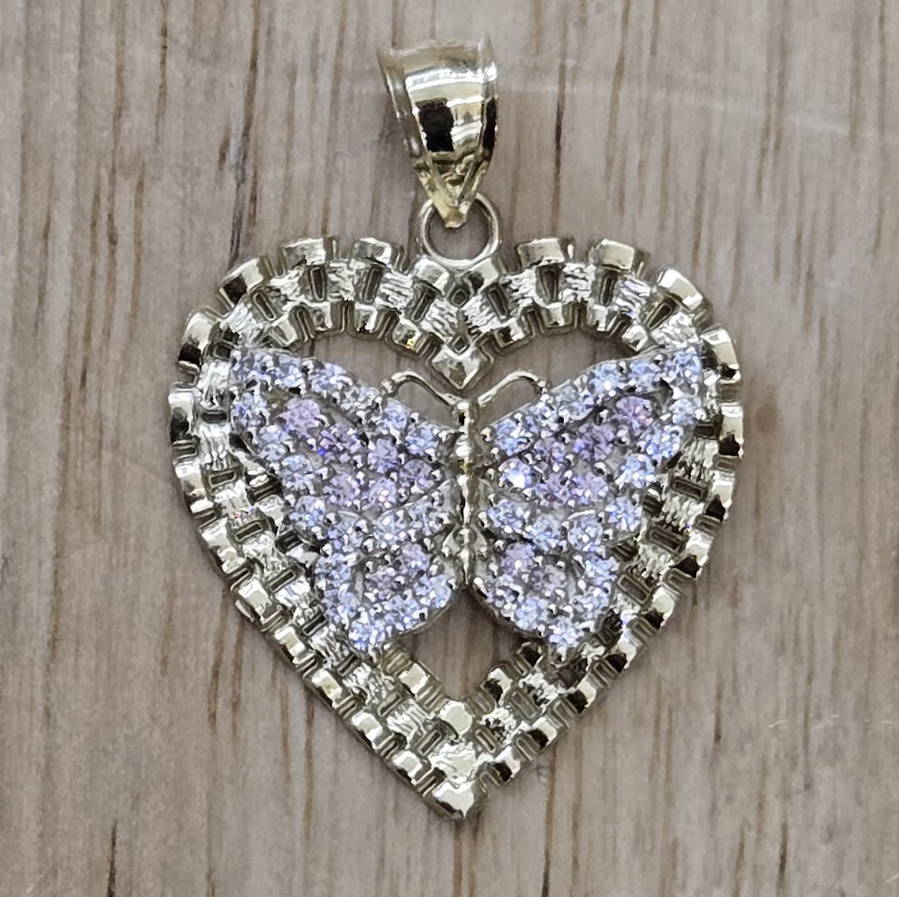 10K Gold Heart Butterfly Pendant, Presidential Link Heart Charm, Small Heart Gold Charm, CZ Stone, Valentine's Gift, Butterfly Pendant