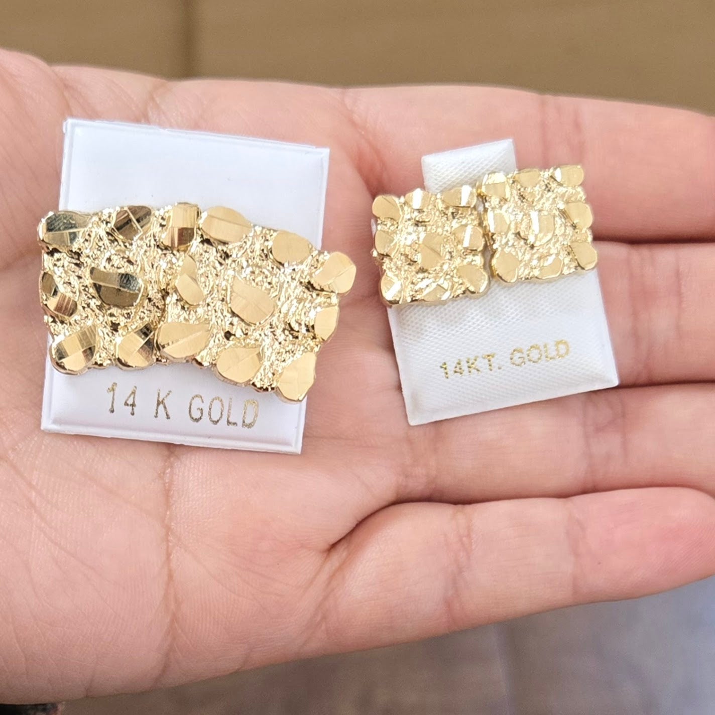 14k Yellow Gold Nugget Square Earrings, Kid Small Gold Nugget Earrings, 14k Gold Square Unisex Earrings Jewelry Gift