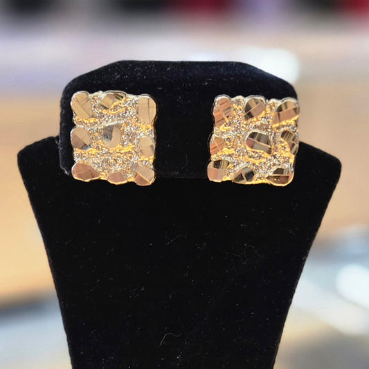 14k Yellow Gold Nugget Square Earrings, Kid Small Gold Nugget Earrings, 14k Gold Square Unisex Earrings Jewelry Gift