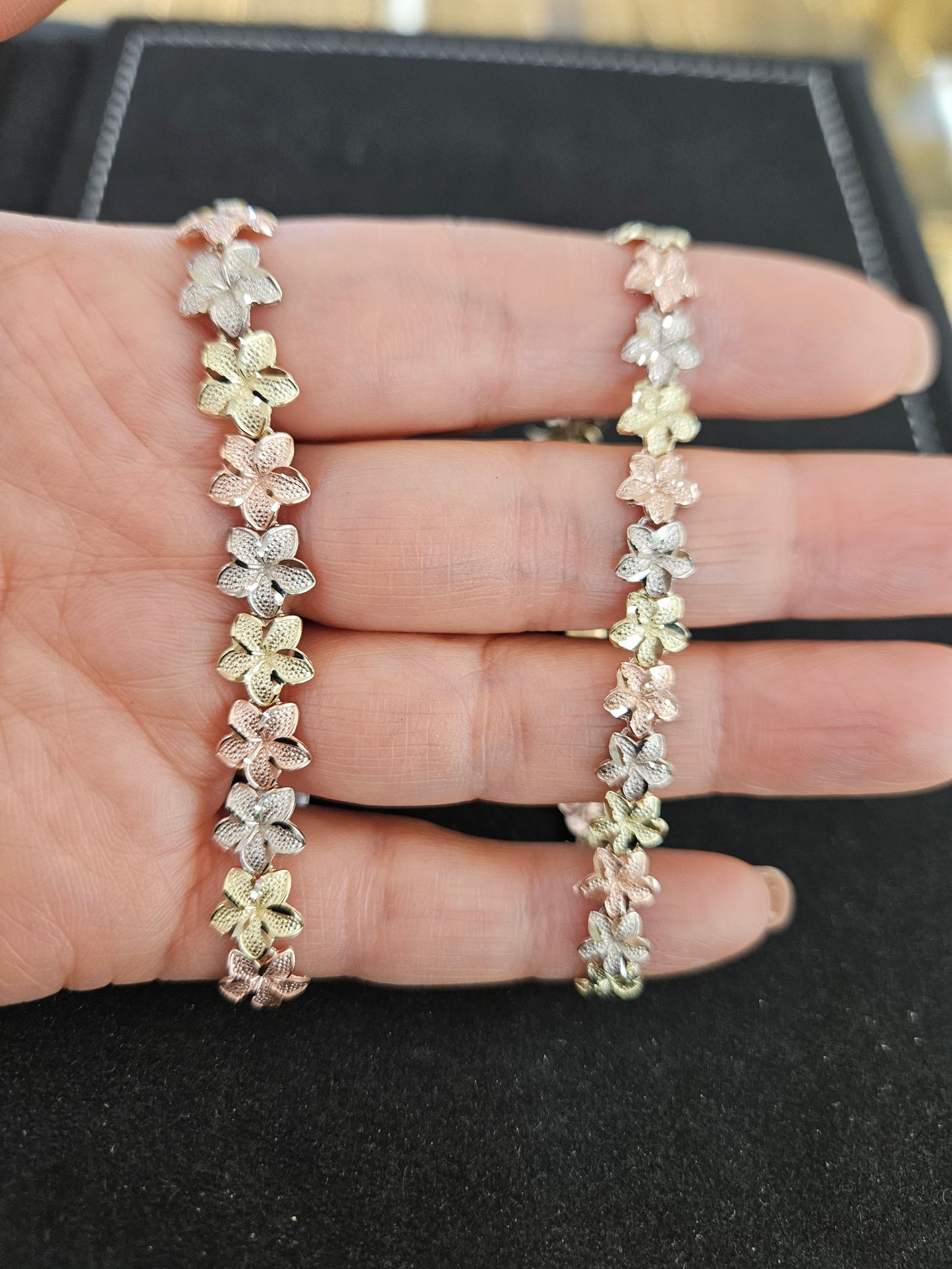 14k Tri Gold Color Hibiscus Bracelet, Floral Bracelet, Tri Color Gold Hibiscus flower Bracelet, Hibiscus Bracelet, Tri Color Hibiscus flower Bracelet, Bracelet, Gift Bracelet for Women (Copy)