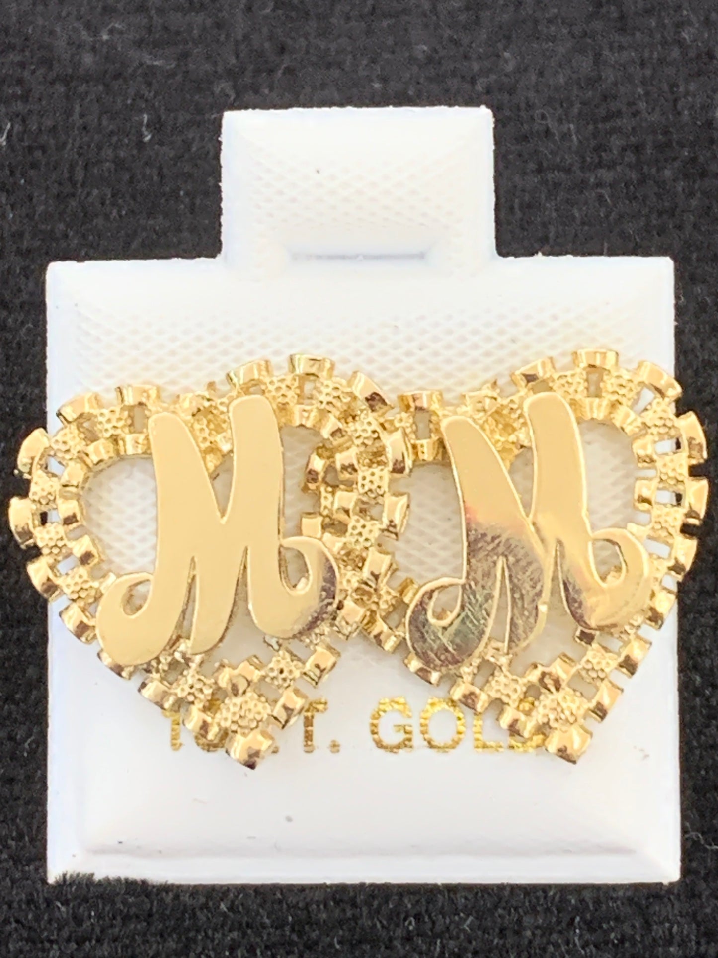 10k Yellow Gold Small Presidential link Heart M Initial Earrings,