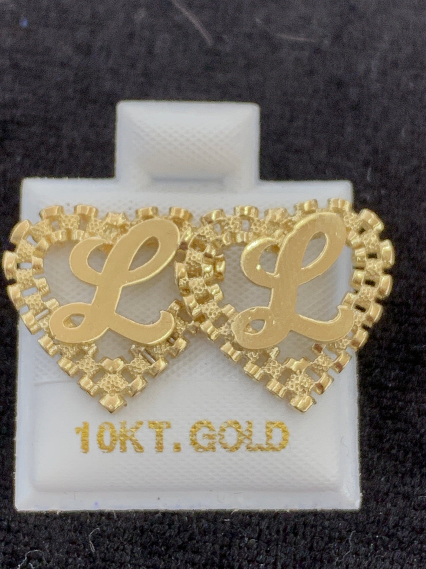 10k Yellow Gold Big Presidential link Heart L Initial Earrings,