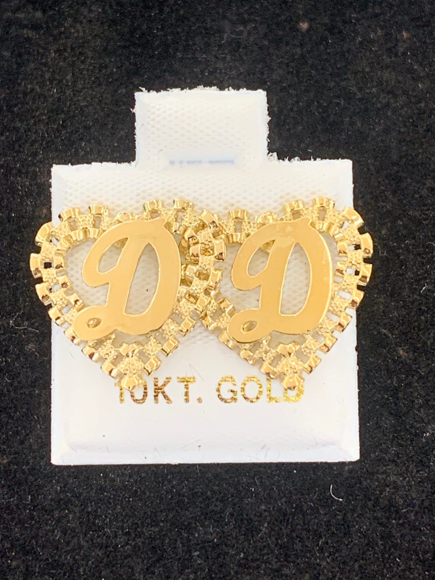 10k Yellow Gold Small Presidential link Heart D Initial Earrings,