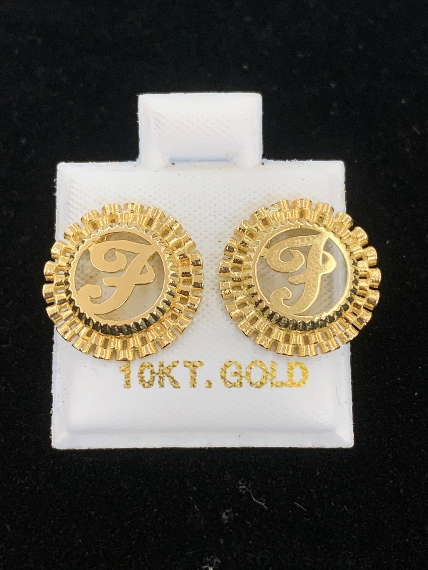 10k Gold F Presidential link Initial Earrings, Medium Letter Earring, Initial Circle Stud Earrings