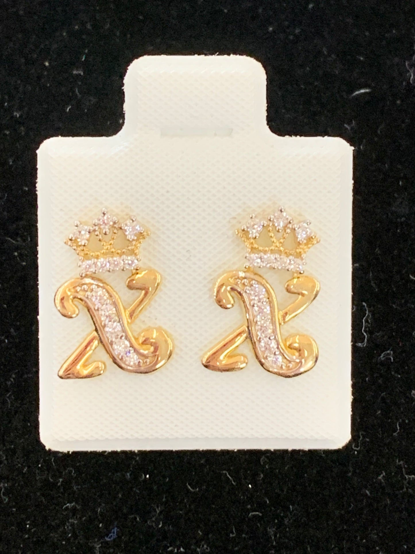 10k X initial earrings with crown
