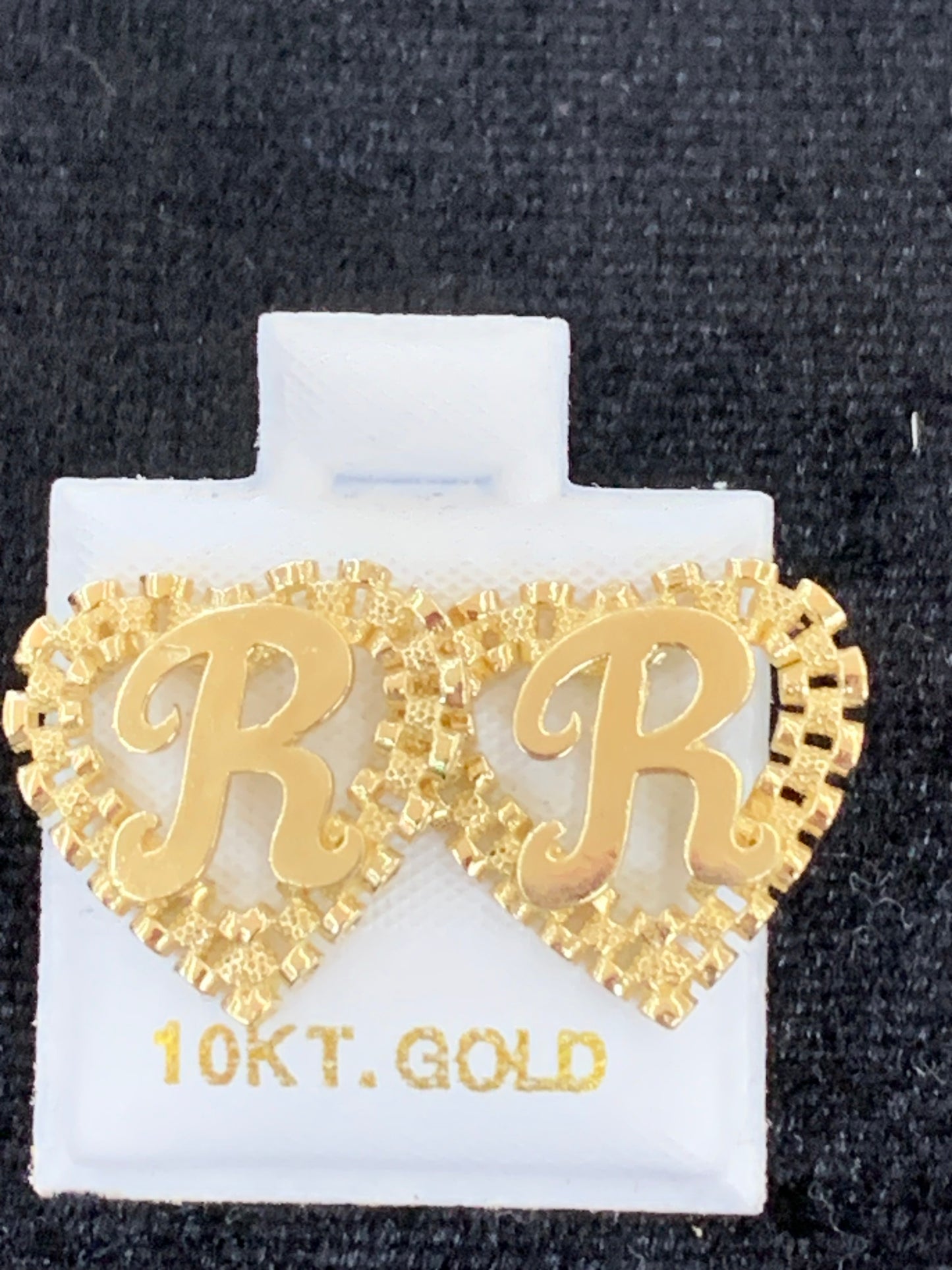 10k Yellow Gold Big Presidential link Heart R Initial Earrings,