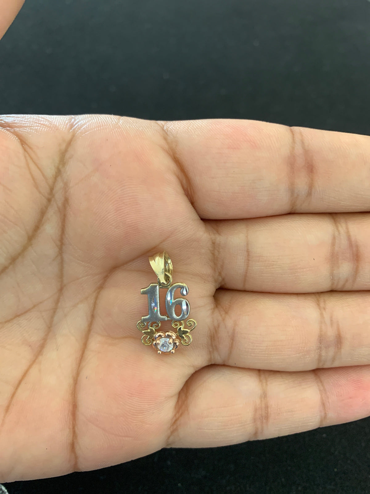 10k Yellow Gold 16 Pendant, 16 Gold Charm, Sweet 16 Birthday Charm, Flower with Stone 16 Pendant