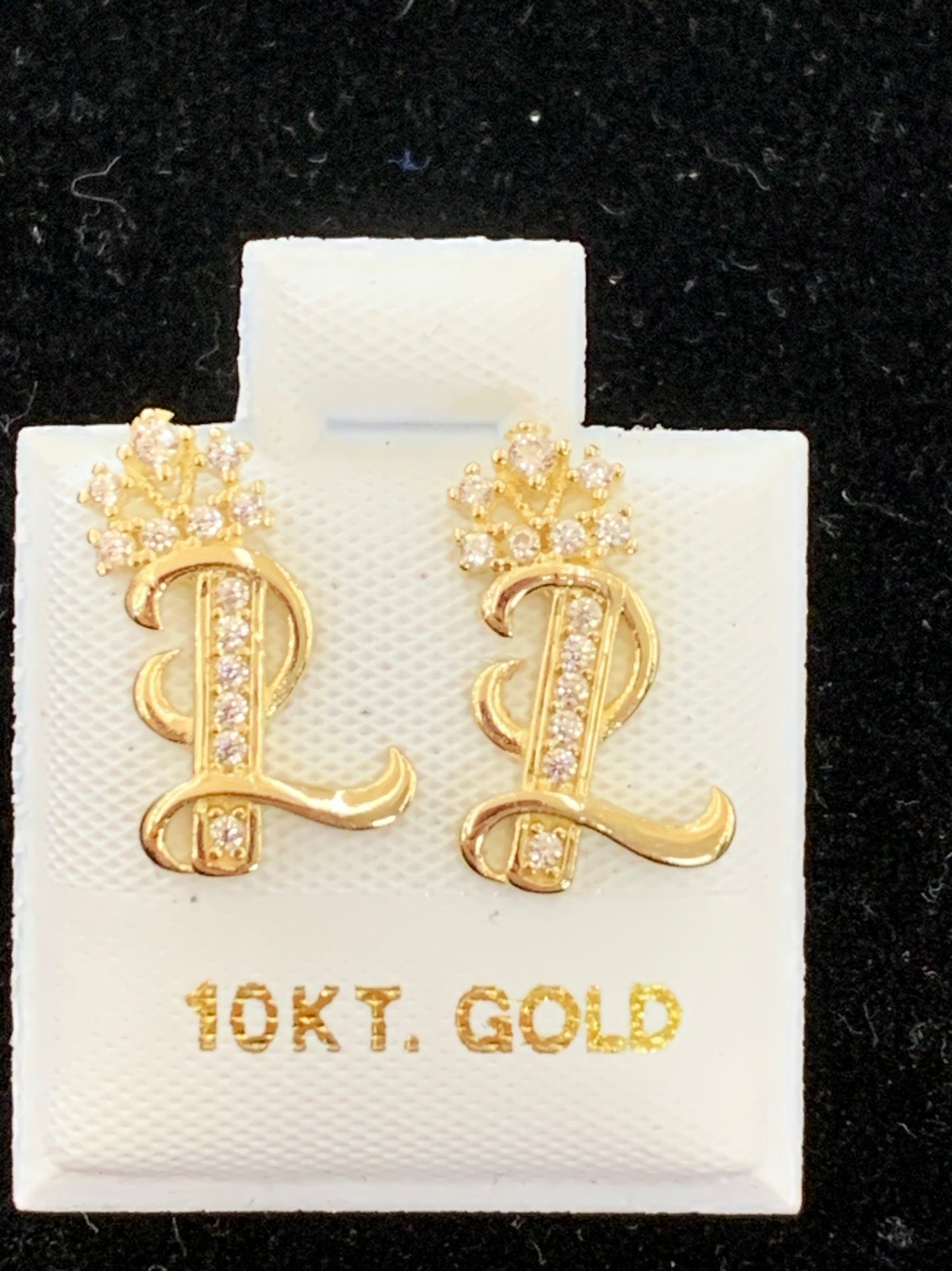 10k L initial earrings with crown