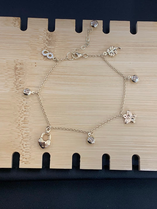 10k Gold Charms Bracelet, Women's Heart Locket Gold Bracelet, Infinity Charm, Butterfly Charm, Four Leaf Clover Charm,