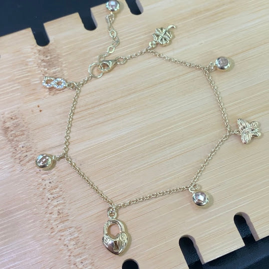 10k Gold Charms Bracelet, Women's Heart Locket Gold Bracelet, Infinity Charm, Butterfly Charm, Four Leaf Clover Charm,