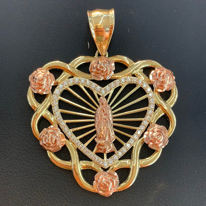 14k Gold Virgin Mary Heart Pendant with Roses Mary Gold Pendant Gol WATERMAN JOHN JEWELRY