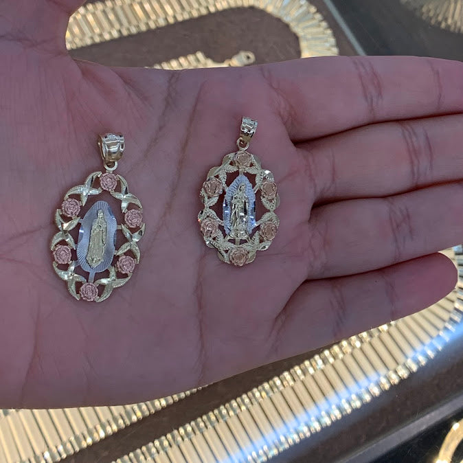 14k Gold Virgin Mary Roses Pendant, Mary Gold Pendant, Gold Oval Virgin Mary Charm, Religious Gold Pendants, Yellow , White , Rose Gold with CZ Stones
