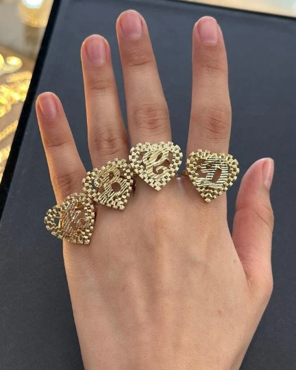 10k Gold Big Presidential link Heart Initial Ring, 10k Gold