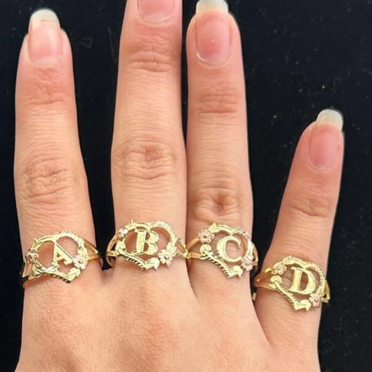 10k Gold Women's Flower Heart "C"  Initial Ring, 10k Gold Initial Alphabet Ring, Name Initial Ring, Letter Ring, Rose Gold Flower, Love Ring