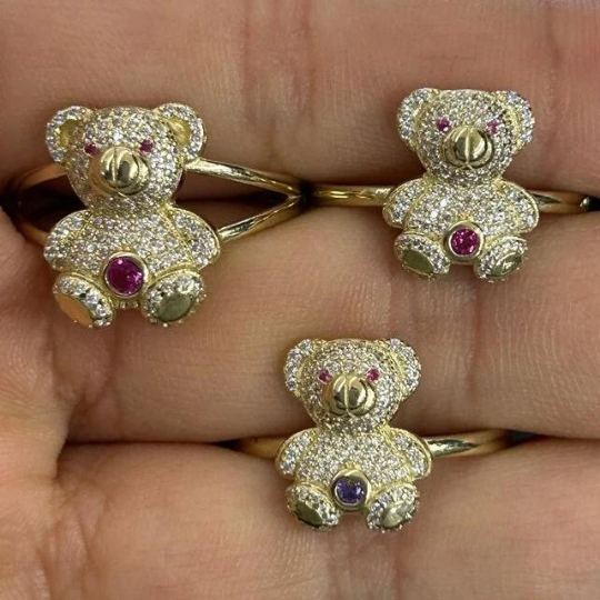 10k Gold CZ Stone Teddy Bear Ring, Gold Teddy Bear Ring, Women's Gold Ring
