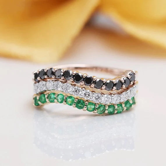 14K Solid Gold Black Diamond Wave Wedding Band/Diamond Wedding Ring/Matching Band for Engagement ring/Stacking Ring/Gold Wave Band/Gift ring