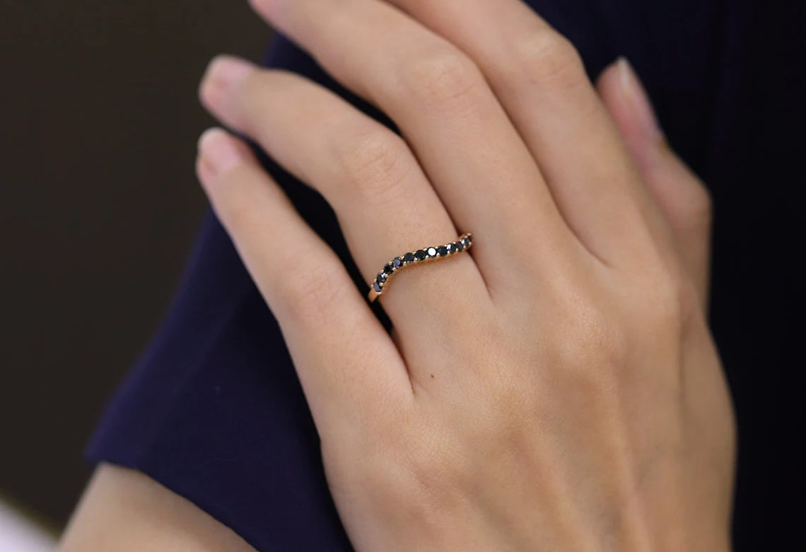 14K Solid Gold Black Diamond Wave Wedding Band/Diamond Wedding Ring/Matching Band for Engagement ring/Stacking Ring/Gold Wave Band/Gift ring