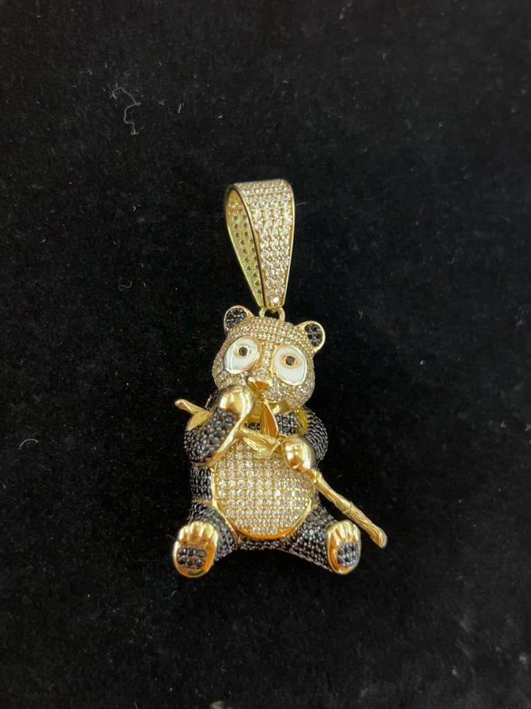 10k Gold Iced CZ 3D Panda Pendant / Charm, Black and White Stones Panda with Bamboo