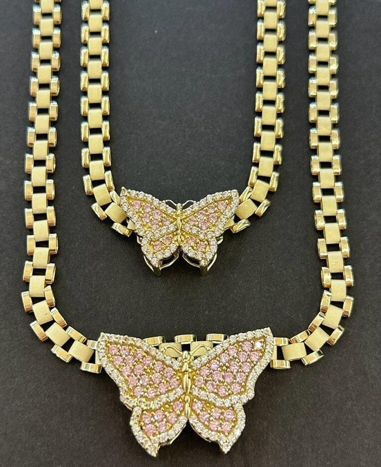 10k Gold 6.5mm Presidential Link Chain with Butterfly Pendant, Rolly Chain, Gold Chain, Chain w/ Butterfly Gold Pendant, Gold Charm