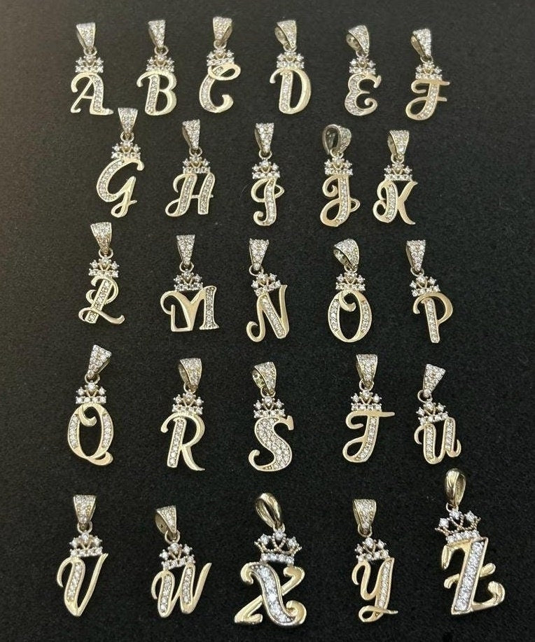 10k Gold Crown Initial Pendant / Charm, Crown Letter Pendant, Alphabet Letter Charm, Name Initial Pendant, CZ, Letter with Crown