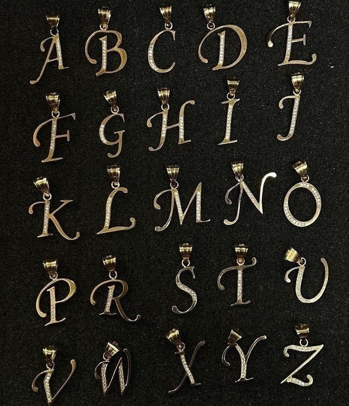 10k Gold Cursive Intial with CZ Stone Pendant, Letter Pendant, Gold Letter Charm, Alphabet Name Initial, Cursive Name Initial Charm