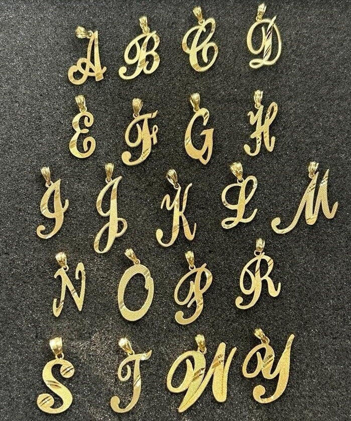 10k Gold Cursive Initial Diamond Cut Finish Pendant, Letter Pendant, Gold Letter Charm, Alphabet Name Initial, Cursive Name Initial Pendant