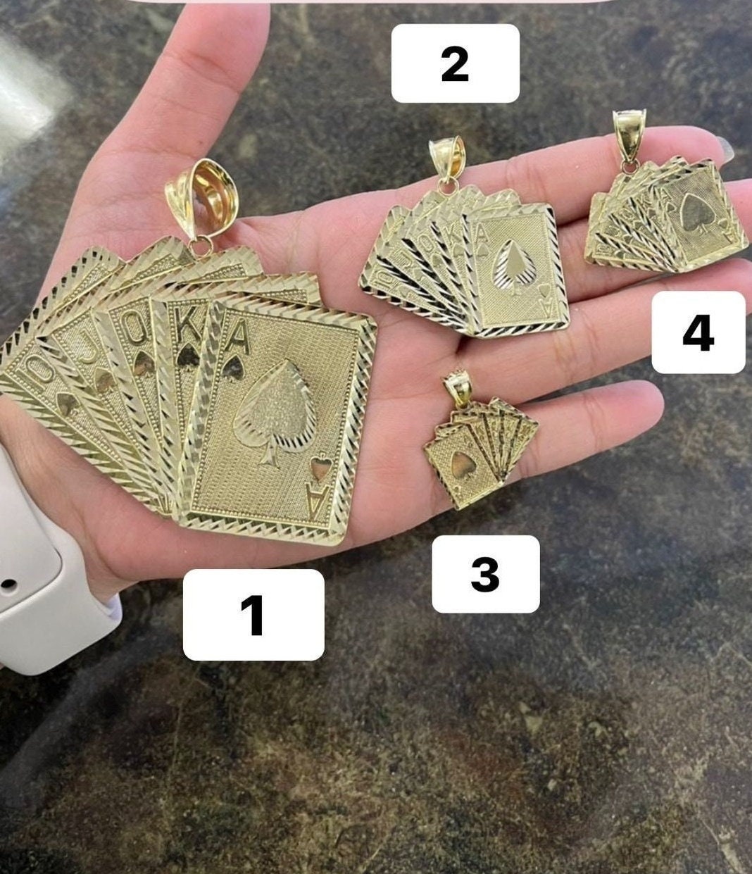 10k Yellow Gold Royal Flush Poker Cards Pendant, Poker Playing Cards Gold Charm, Gold Ace, King, Queen, Jack, 10 Playing Cards Pendant