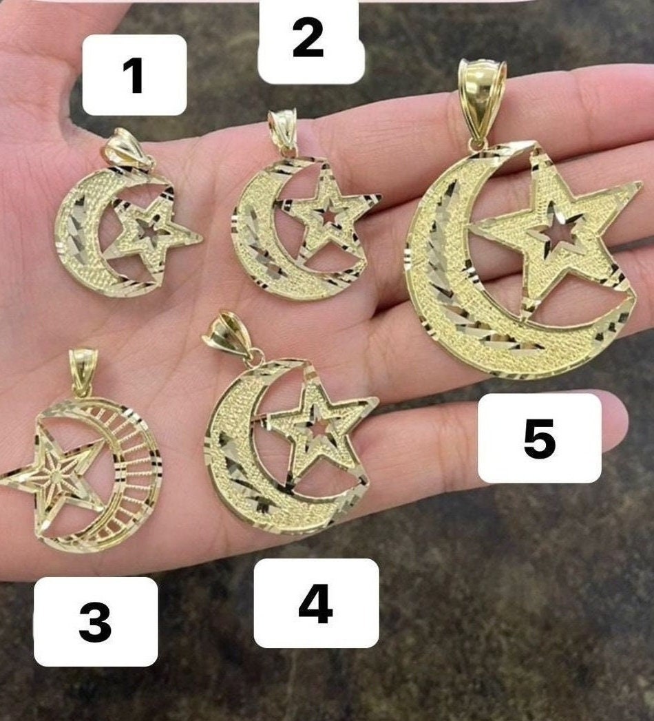 10k Yellow Gold Moon and Star Pendant, Gold Moon with Star Charm, Moon & Star Diamond Cut Finish, Astronomy Pendant, Birthday Gift