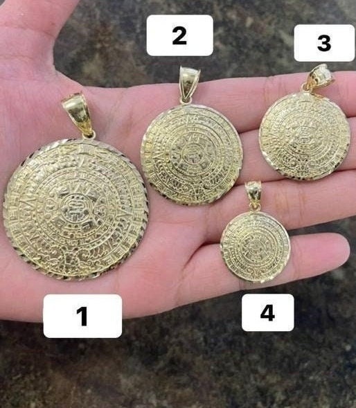 10k Yellow Gold Aztec Calendar Pendant, Aztec Mayan Sun Calendar Pendant, Circular Aztec Gold Charm, Large Aztec Calendar