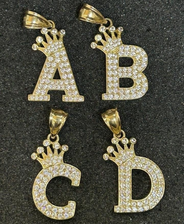 10k Gold Big Crown Initial Pendant / Charm, Crown Letter Pendant, Alphabet Letter Charm, Name Initial Pendant, CZ, Letter with Crown