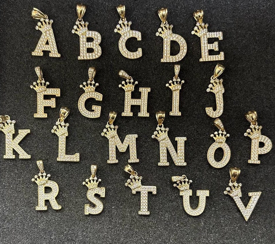 10k Gold Big Crown Initial Pendant / Charm, Crown Letter Pendant, Alphabet Letter Charm, Name Initial Pendant, CZ, Letter with Crown