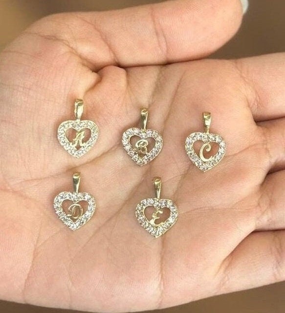10k Gold Heart with CZ White Stone, Initial Pendant, Heart Letter Pendant, Shiny Initial Charm, Gold Letter Charm, Alphabet Name Initial
