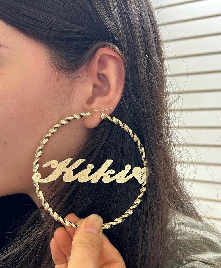 10k Twisted Hoop with Name, Big Gold Hoop, Twisted Gold Hoop