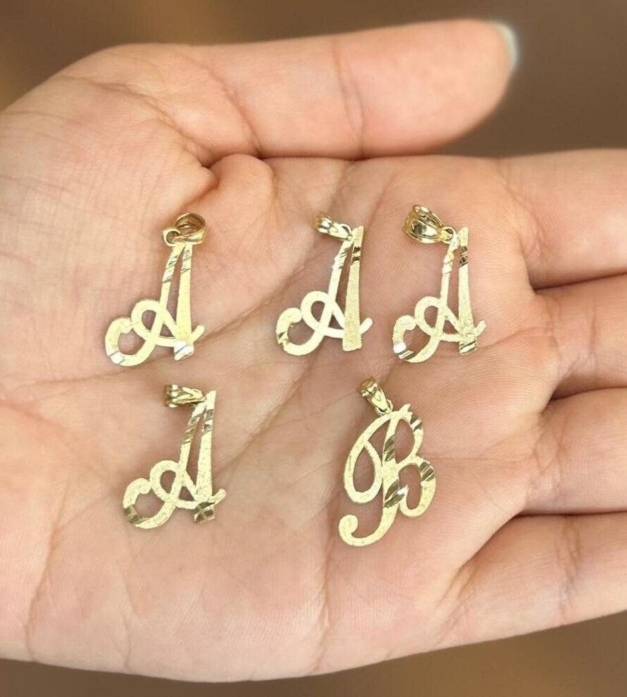 10k Gold Cursive Initial Diamond Cut Finish Pendant, Letter Pendant, Gold Letter Charm, Alphabet Name Initial, Cursive Name Initial Pendant