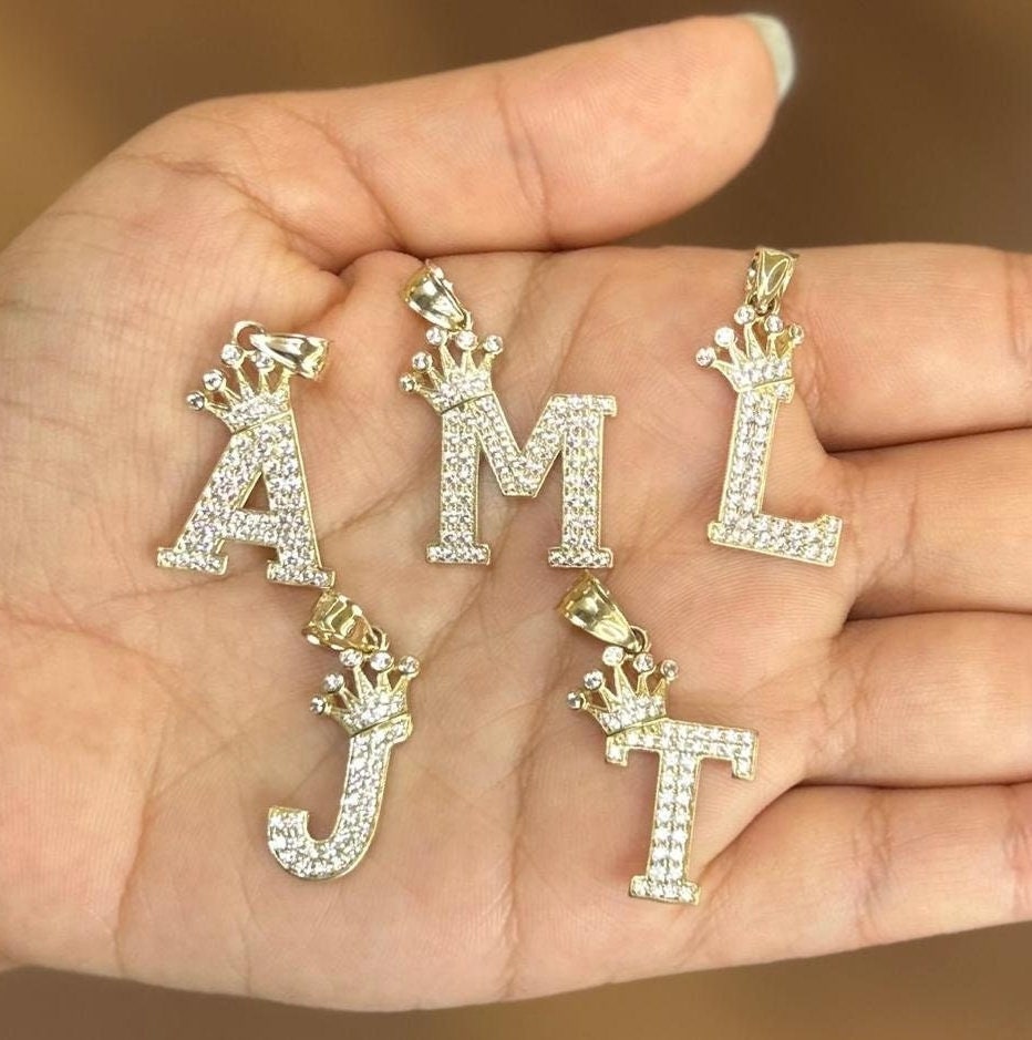 10k Gold Big Crown Initial Pendant / Charm, Crown Letter Pendant, Alphabet Letter Charm, Name Initial Pendant, CZ, Letter with Crown