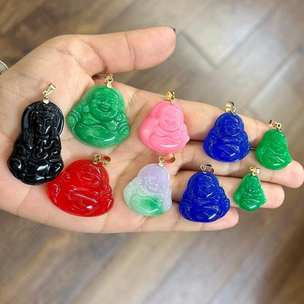 14k Gold and Jade Buddha Pendant, Big Buddha Pendant, Small Buddha Charm, Jade Necklace, Pink Buddha, Red, Green, Blue, White Buddah Charm