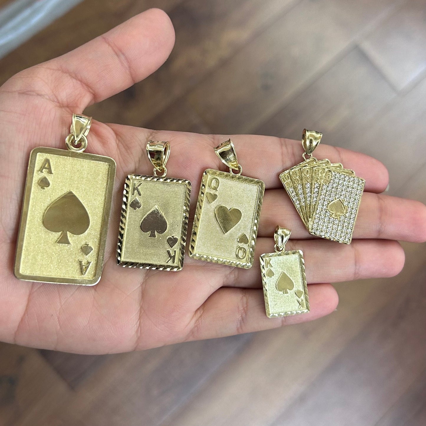10k Gold Playing Card Pendant, Diamond Cut Finish Pendant, Ace of Club, Ace of Spades Poker, King of Spades Card, CZ Stone, Queen of Hearts