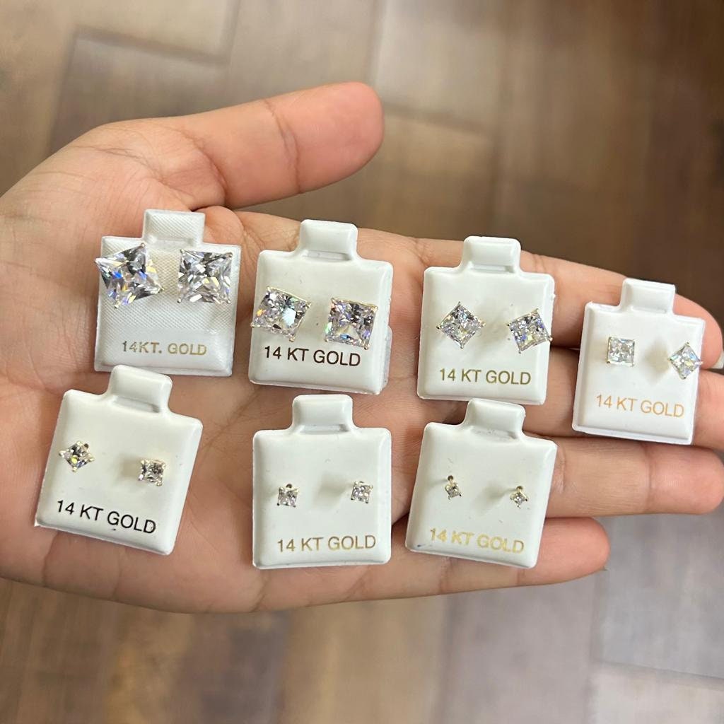 14k Gold Stud Earrings, Gold Stud Earring, Round Stud Earring, Square Stud Earring, CZ Stone, Screw on back, Baby Earrings, Big & Small Stud