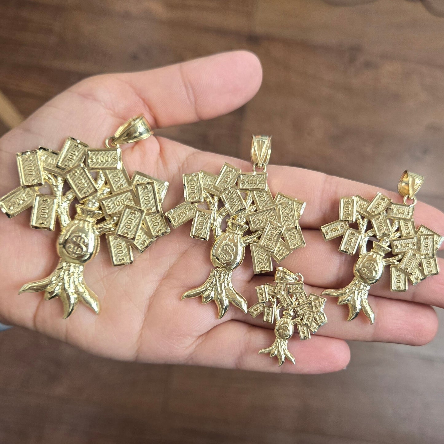 10k Gold Money Tree Pendant, Money Bag Tree, 100 Dollar Gold Pendant, Money Charm, Big Gold Money Tree