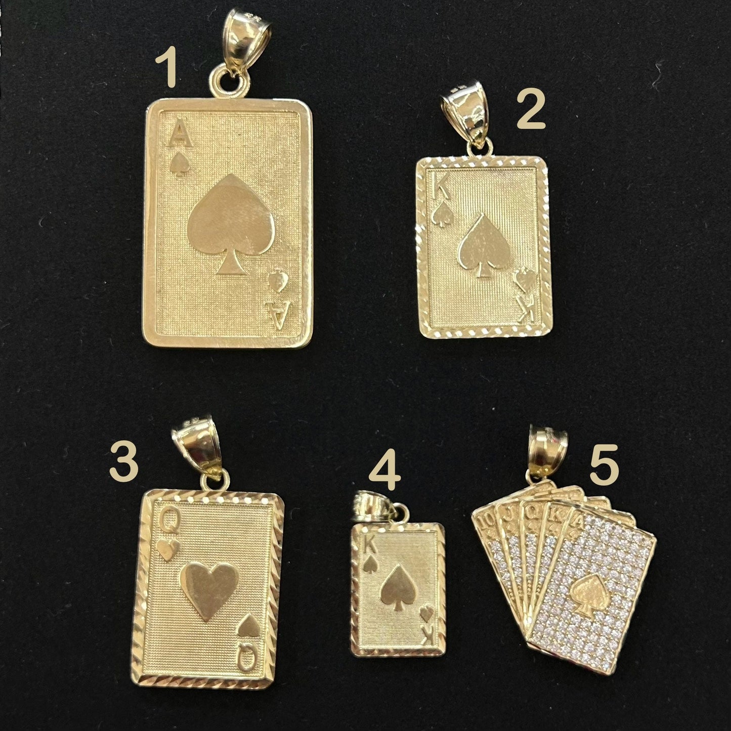 10k Gold Playing Card Pendant, Diamond Cut Finish Pendant, Ace of Club, Ace of Spades Poker, King of Spades Card, CZ Stone, Queen of Hearts