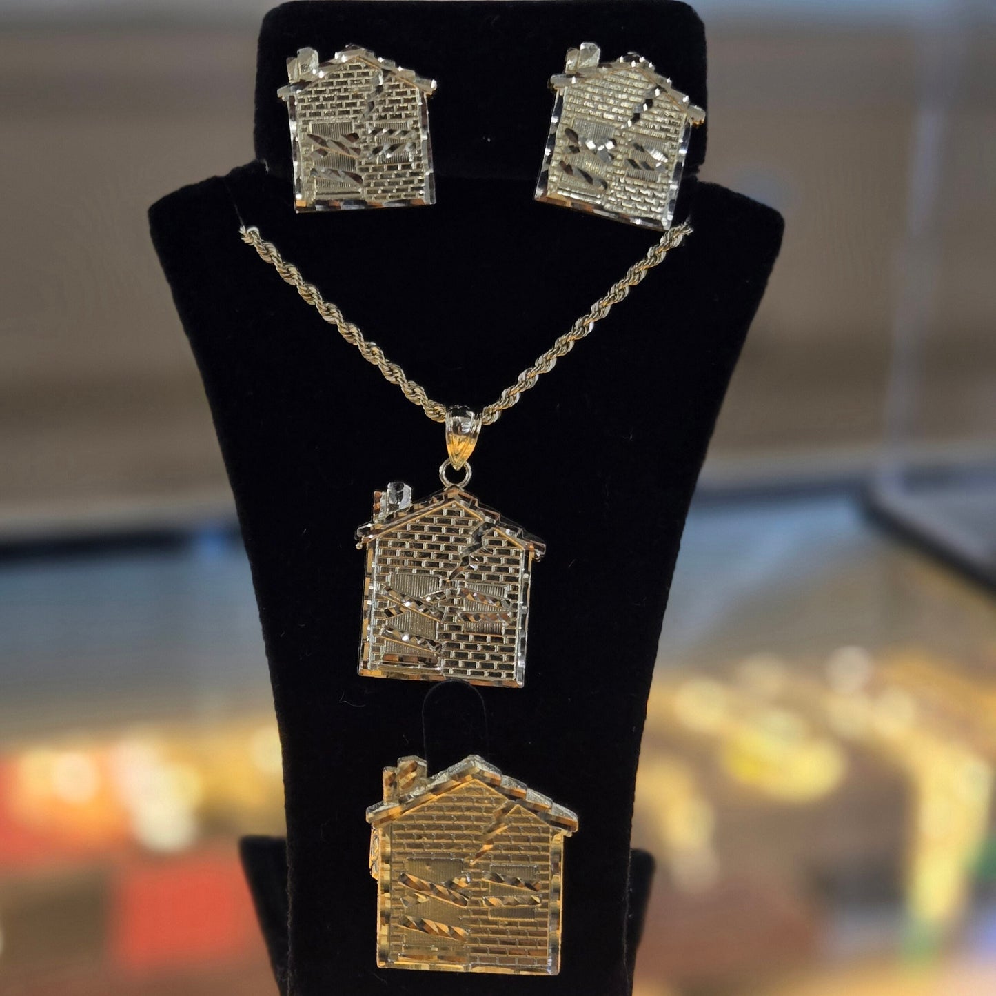 10k Gold Trap House Rope Chain & Matching Earrings with Ring, Trap House Earrings, Trap House Ring, Men's Gold Jewelry Set