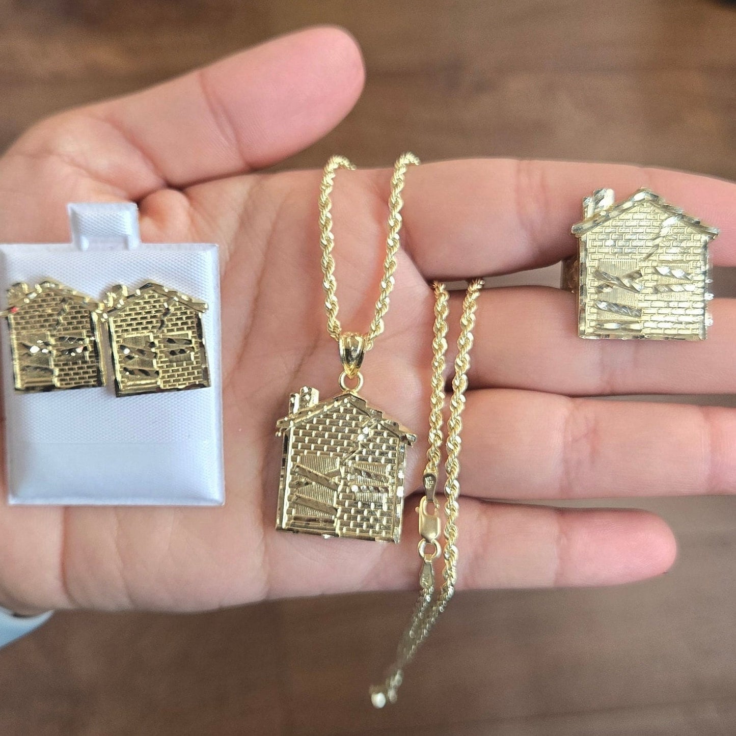 10k Gold Trap House Rope Chain & Matching Earrings with Ring, Trap House Earrings, Trap House Ring, Men's Gold Jewelry Set