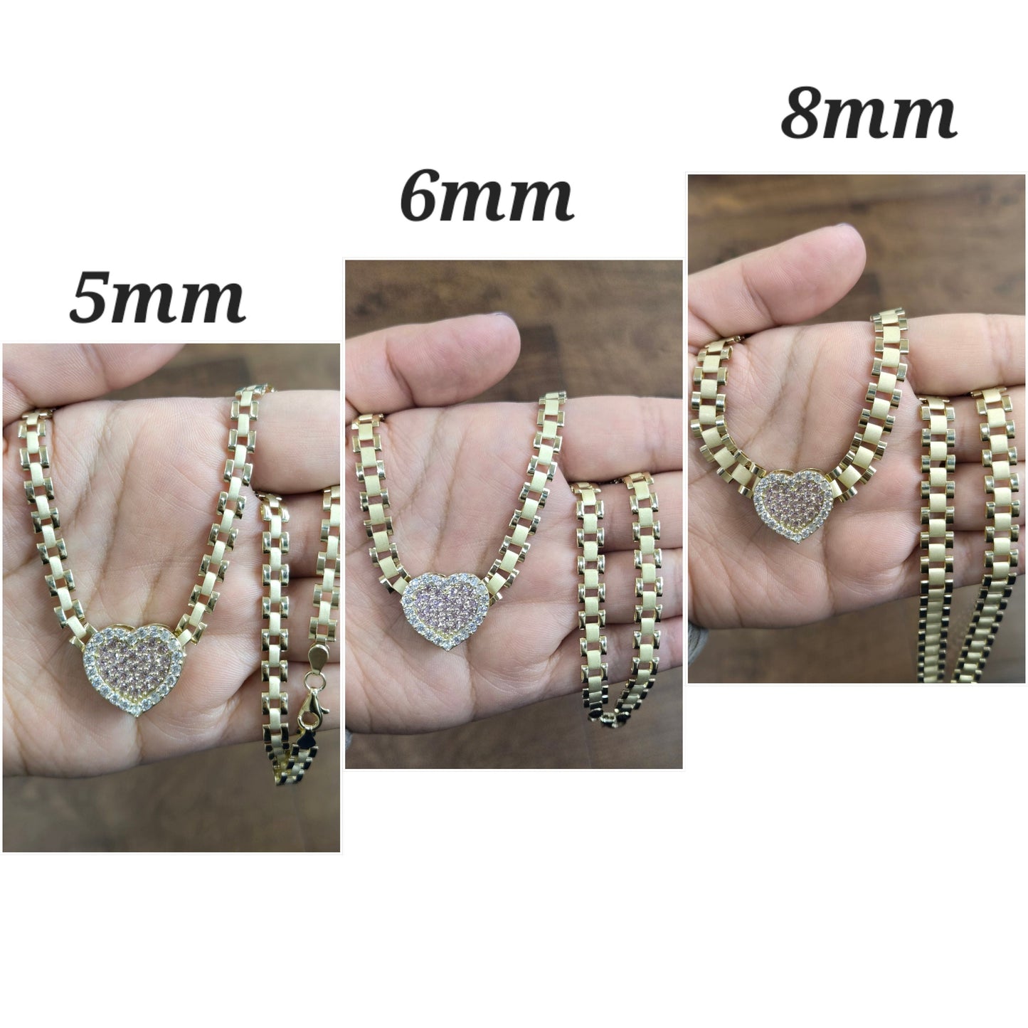 10k Gold Medium Sliding Pink Heart Necklace, Presidential Gold Chain, StyleGold Chain, Chain w/ Heart Gold Pendant, Rolly Style Link