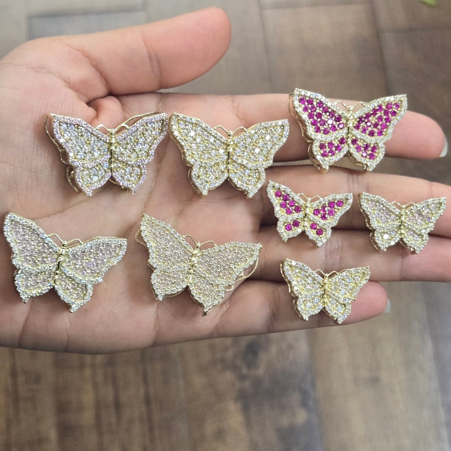 10K Gold Pink Butterfly Sliding Pendant, Pink Butterfly Slider,  Pendant, 10k Gold Charm, CZ Stone, White Butterfly Pendant