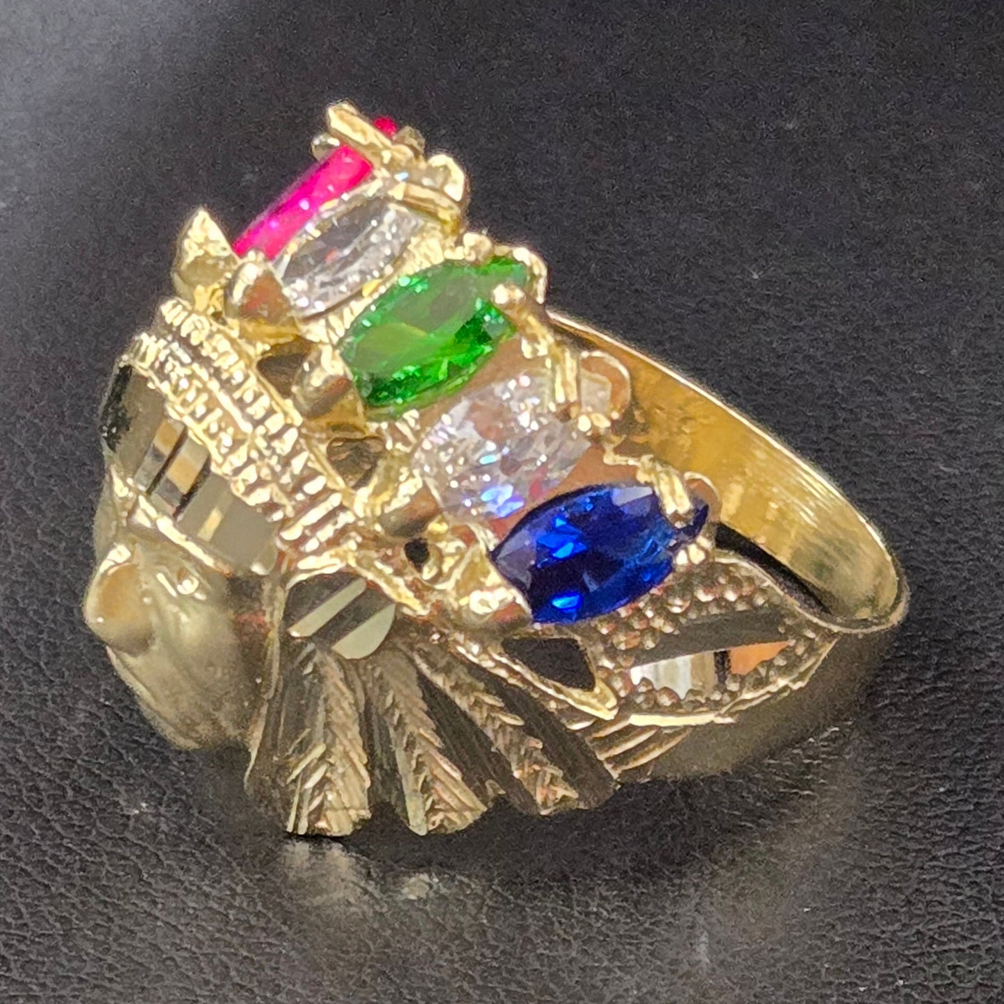 10k Gold Big Colorful Indian Chief Head Ring, Gold Diamond Cut Ring, Native American Indian Chief Head, Indian Face Ring, CZ Multi Color Stone